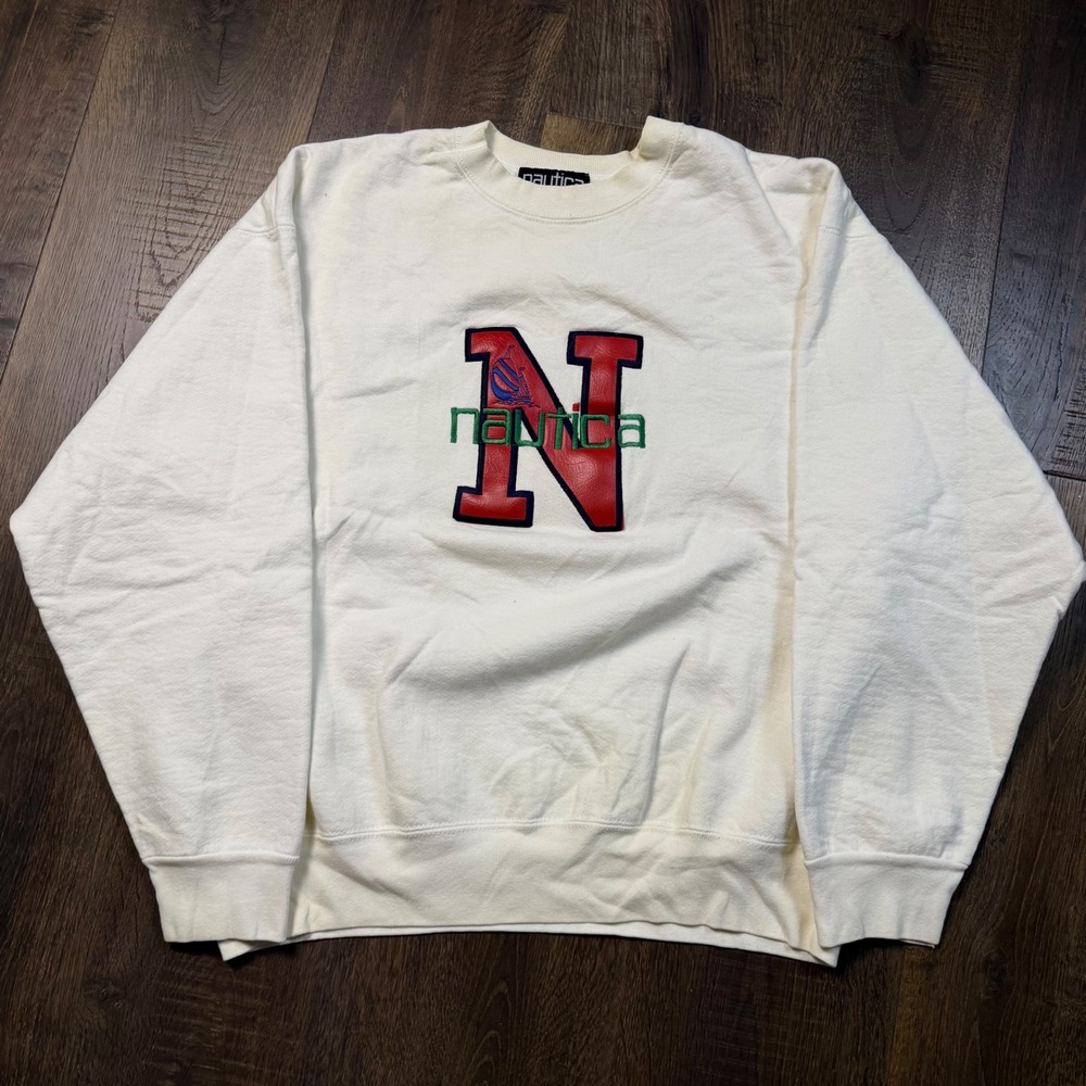 Vintage 90s Nautica Mens XL Cream Big N Logo USA Made Crewneck Sweatshirt